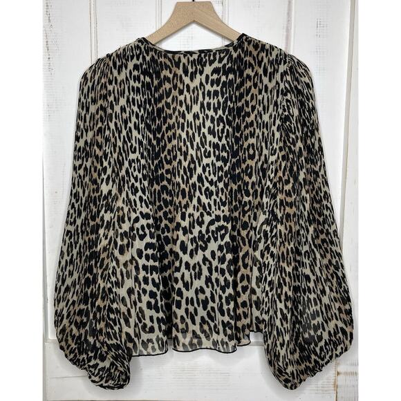 GANNI 36/4 Animal Print Georgette Blouse Oversized Pleated Flowy Puff Sleeve Top - Picture 2 of 11